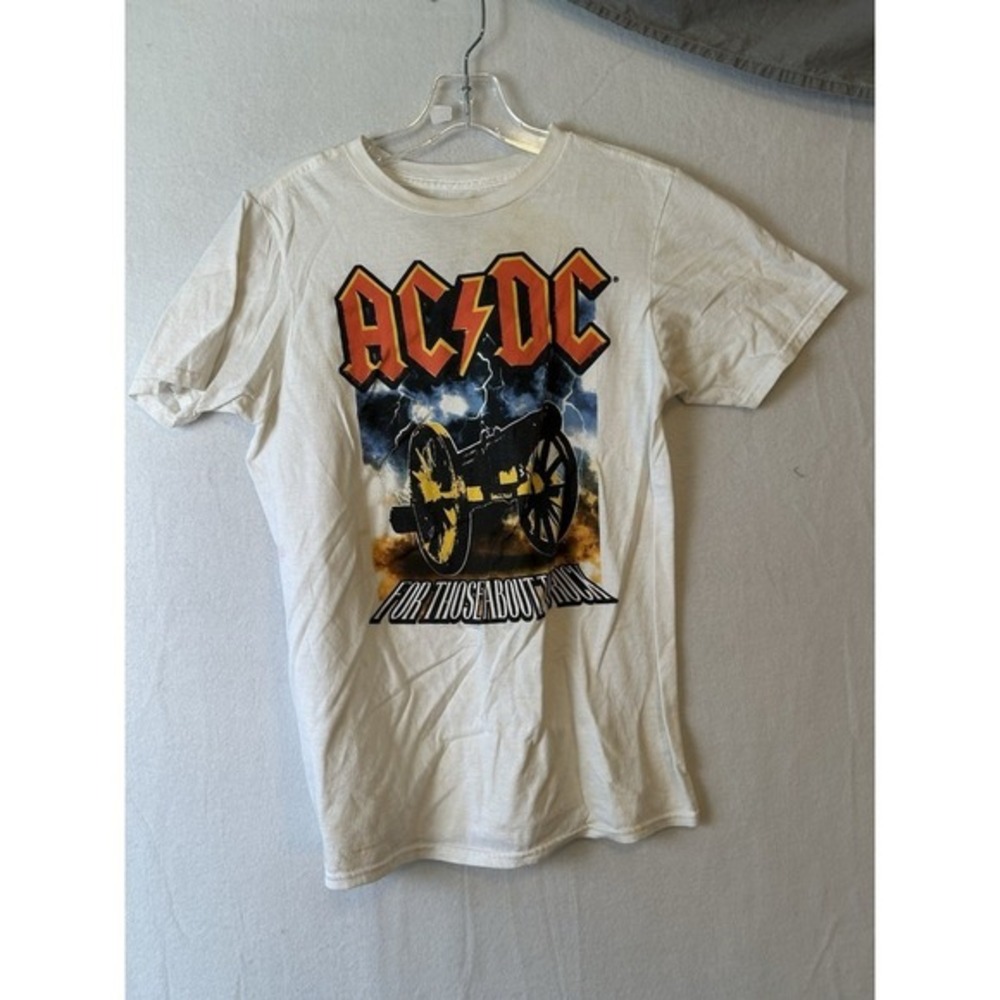 White AC DC For Those About To Rock Graphic T-Shirt Woman's XL #1346